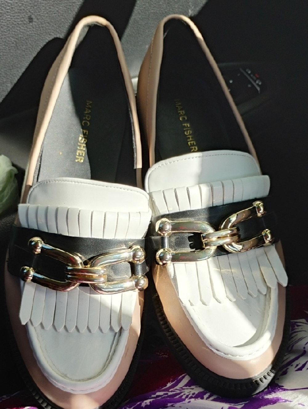Marc Fisher Two-Tone Kiltie Loafers in Blush, Black and White